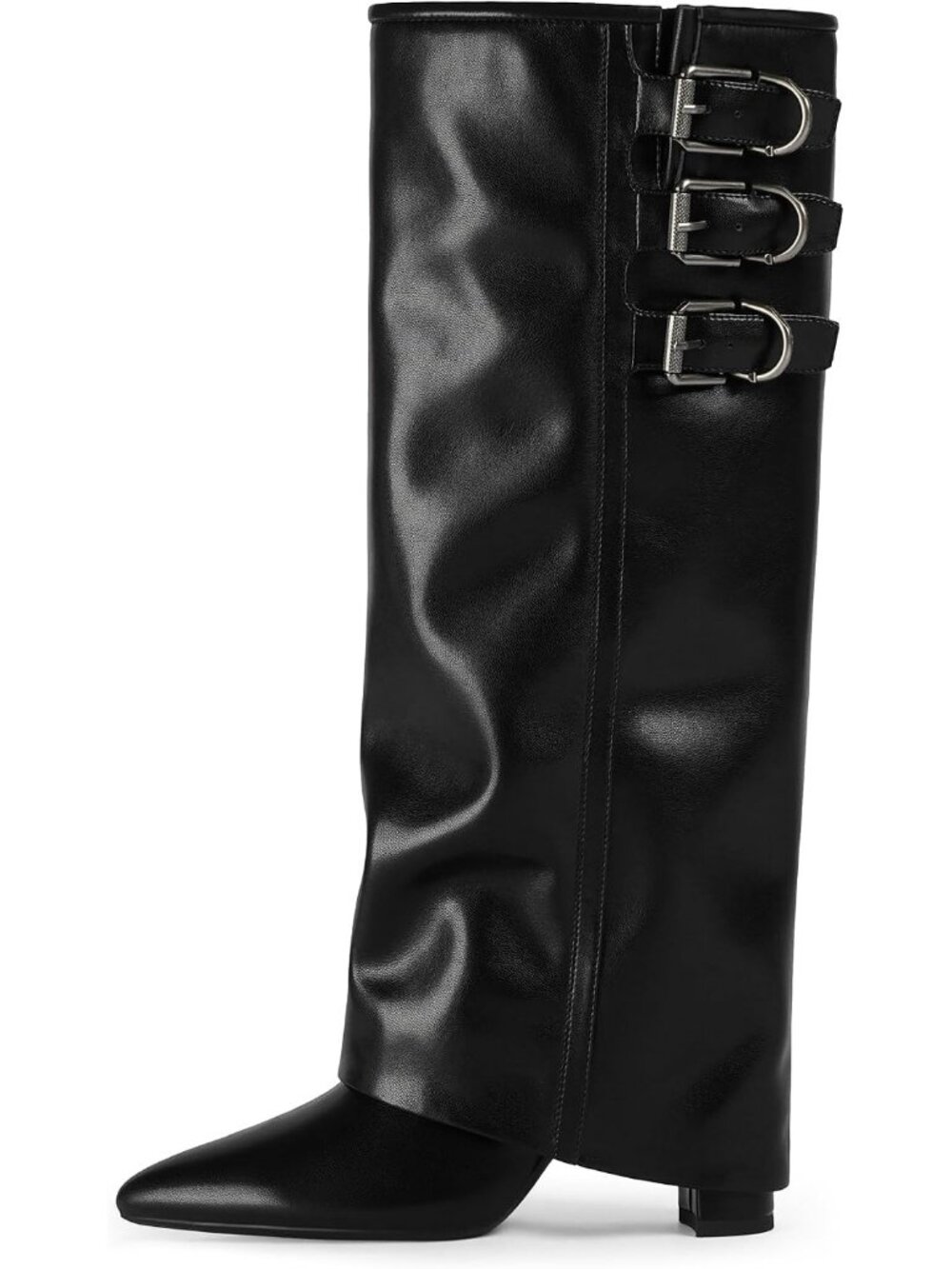 Women's Black Buckle Chunky High Heels Long Pointed Toe Fold Over Knee High Boot
